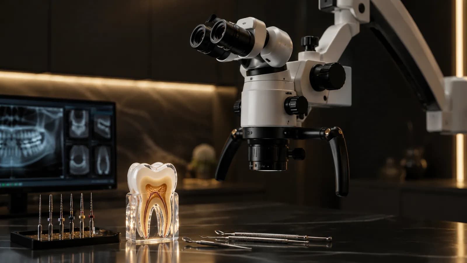 Mikroskop stomatologiczny nad modelem zęba z odsłoniętą komorą miazgową, obok narzędzia endodontyczne i zdjęcie RTG na ekranie.